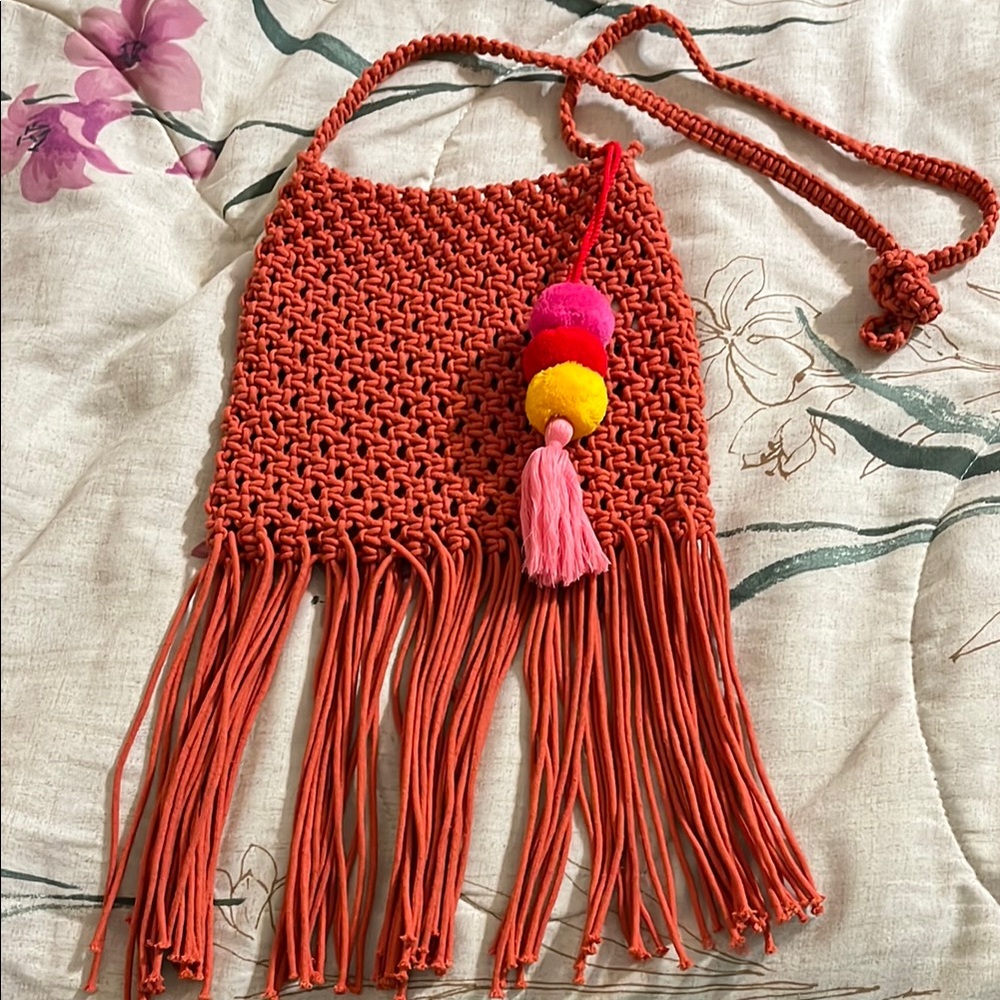 Handmade Orange Fringe Crochet Crossbody Bag